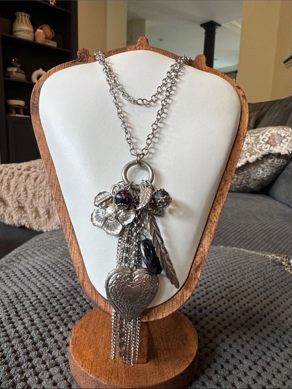 Silver Heart Pendant Charm Necklace with Black Accents